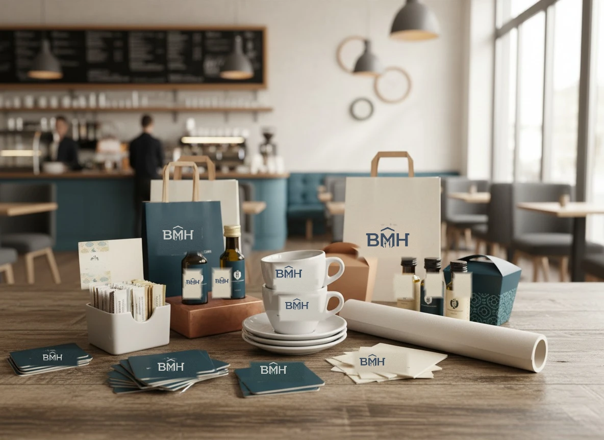 BrandMyHoReCa branded essentials on a café table — bags, cups, cards and bottles